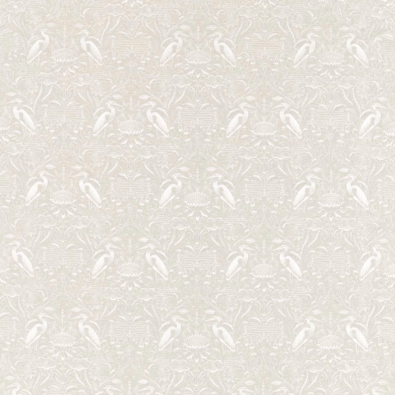 Pale ivory linen fabric with white birds and scrolling botanical foliage