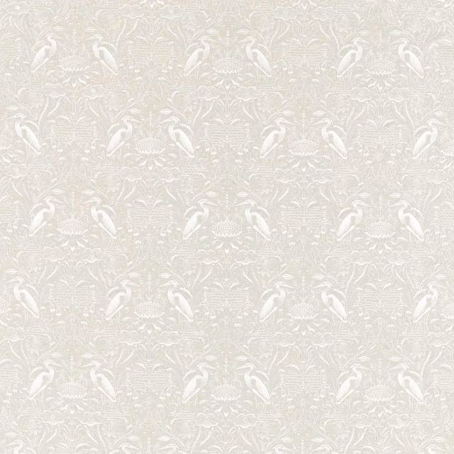 Pale ivory linen fabric with white birds and scrolling botanical foliage