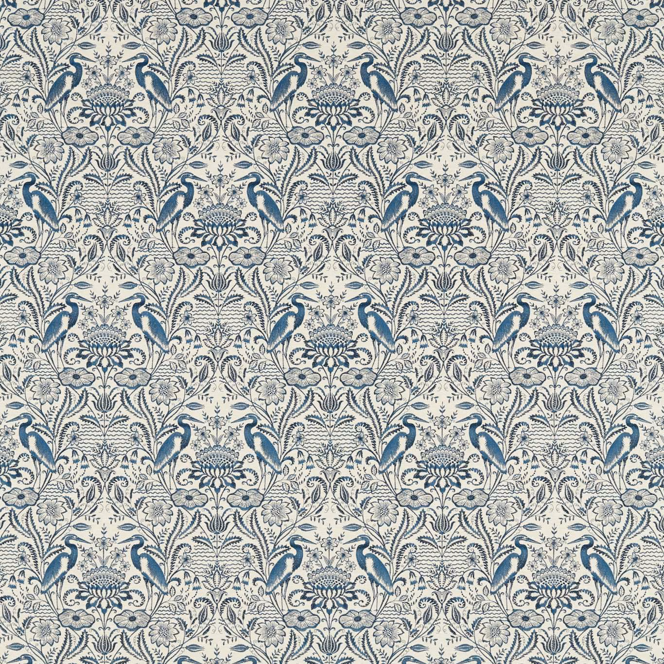 Midnight-blue birds and florals in fine detail on a linen-coloured fabric ground