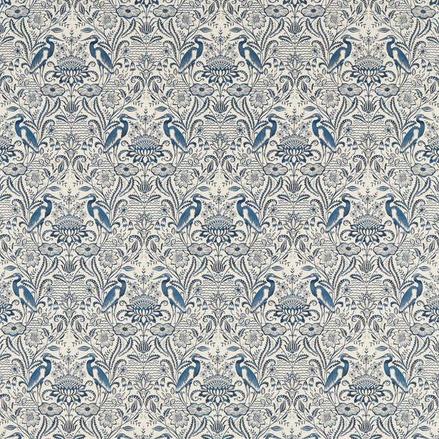 Midnight-blue birds and florals in fine detail on a linen-coloured fabric ground