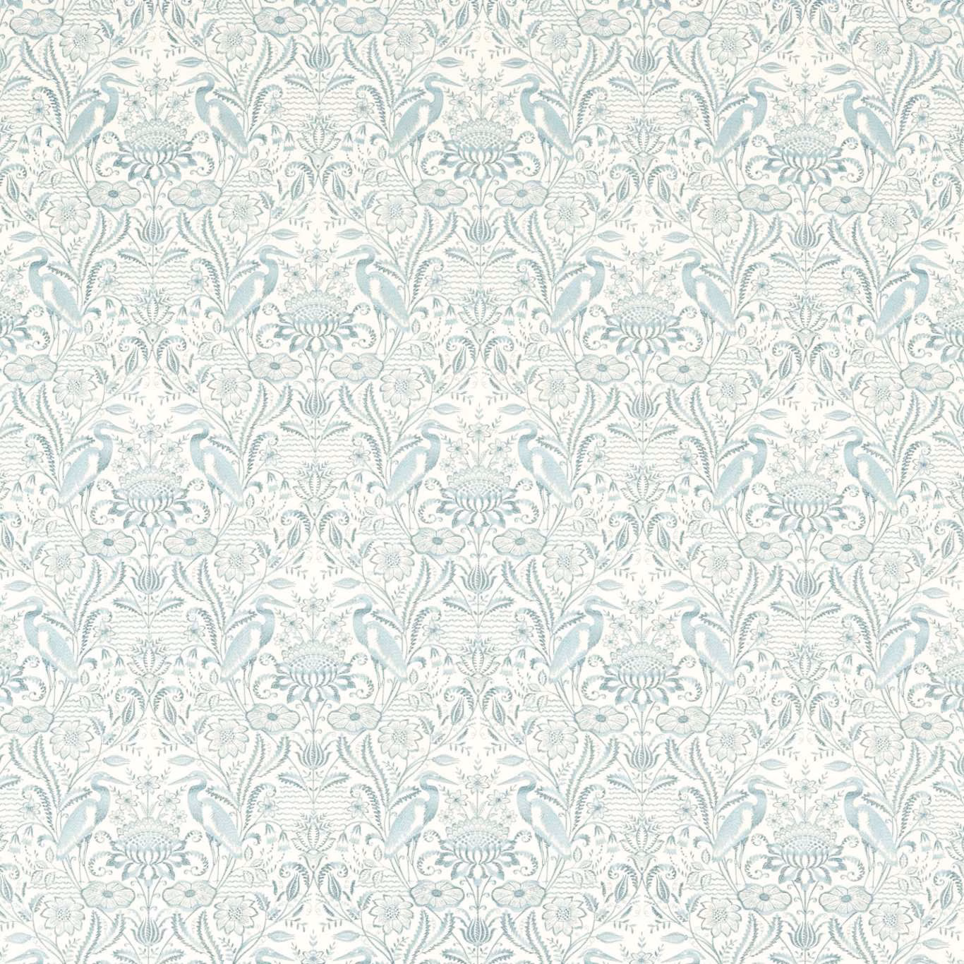 Ivory floral fabric with pale mineral blue birds, leaves and scrolling botanical motifs