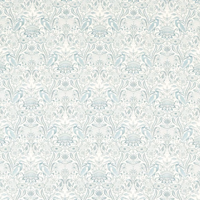 Ivory floral fabric with pale mineral blue birds, leaves and scrolling botanical motifs
