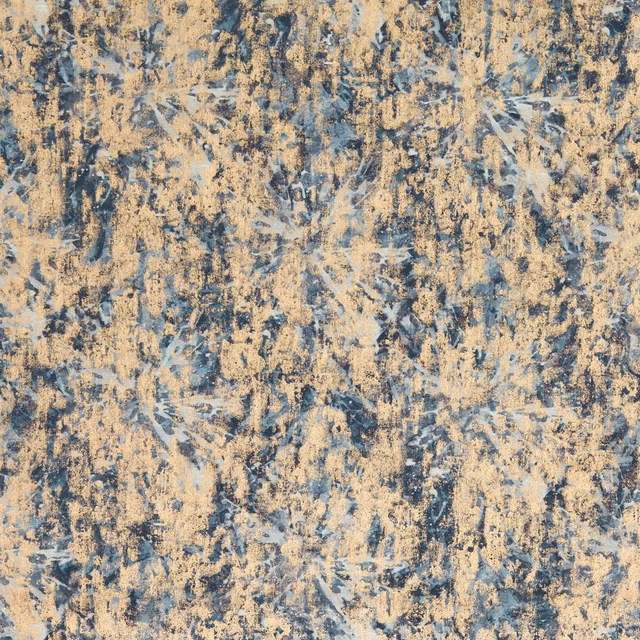Textured midnight-blue and ochre painterly abstract fabric with pale blue-grey flecks