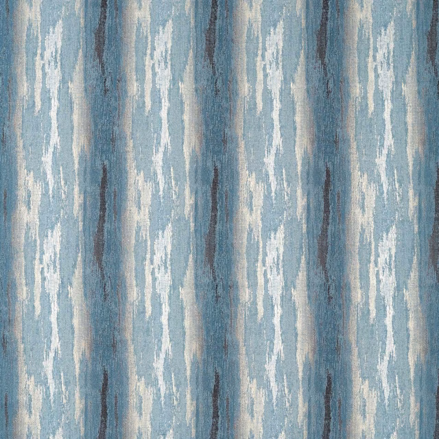 Muted denim-blue textile with chalky vertical brushstroke bands and dark blue accents