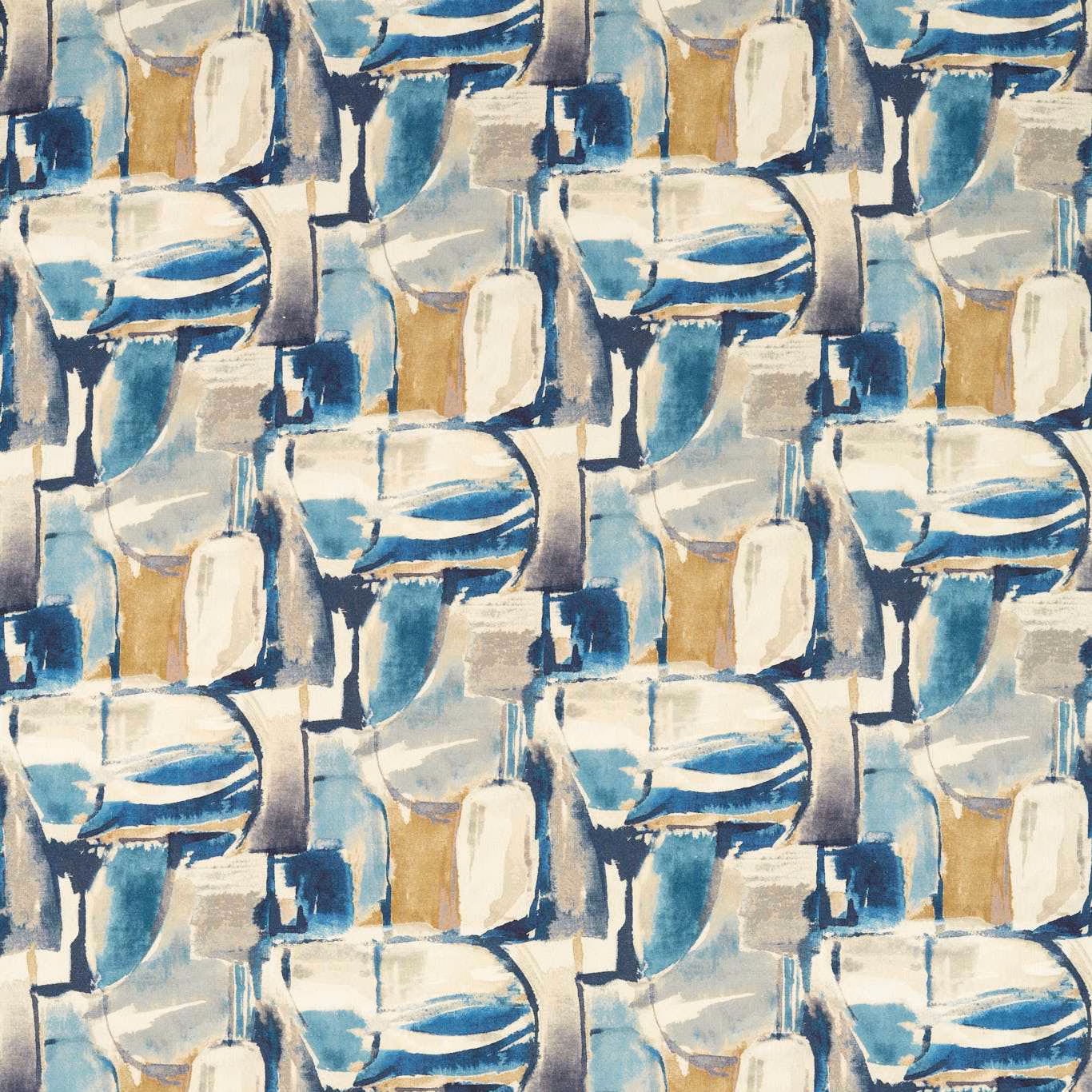 Painterly denim blue, ivory and linen-tan abstract fabric with block brushstrokes
