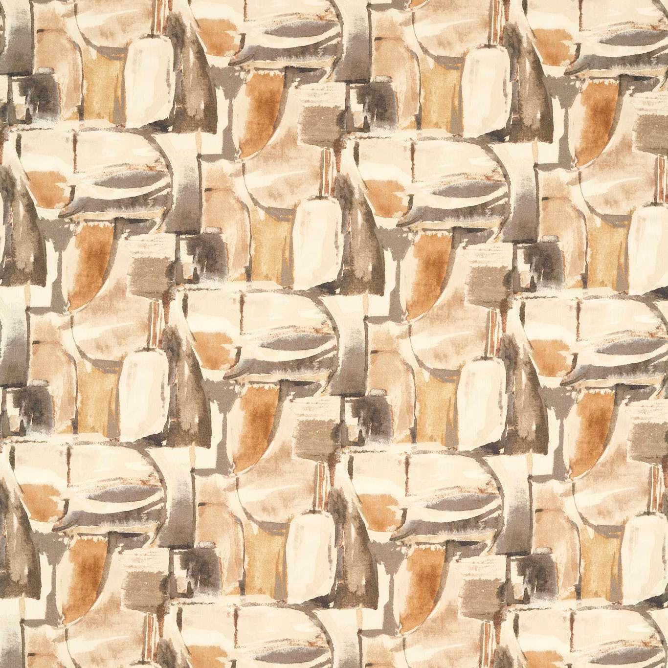Cream textile with repeating abstract brush blocks in charcoal, ochre and taupe