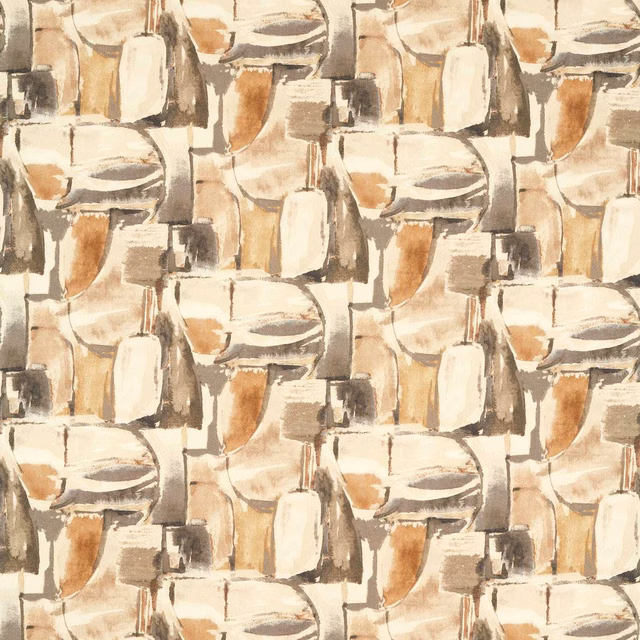 Cream textile with repeating abstract brush blocks in charcoal, ochre and taupe
