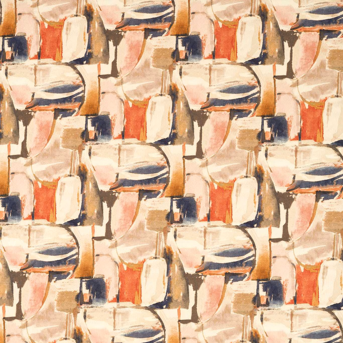 Cream abstract textile with terracotta brushstrokes, ochre blocks and midnight navy accents