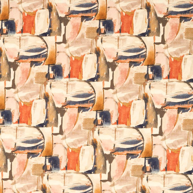 Cream abstract textile with terracotta brushstrokes, ochre blocks and midnight navy accents