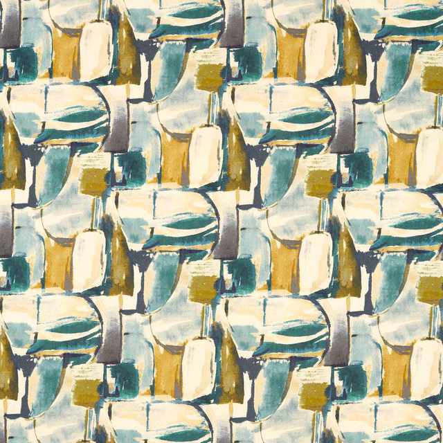 Abstract teal, cream, olive and ochre brushstroke fabric with mineral tones
