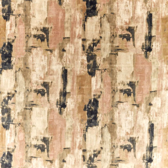 Blush and natural abstract brushstrokes with charcoal marks across a textured textile