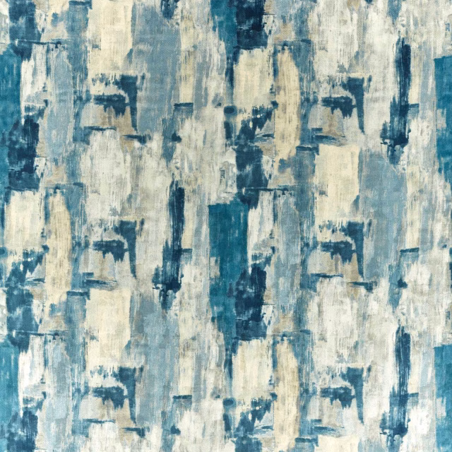 Painterly cream fabric with muted denim blue and teal abstract vertical brush marks