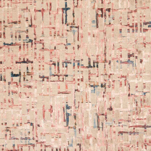 Muted blush pink and natural abstract grid weave with blue-grey accents