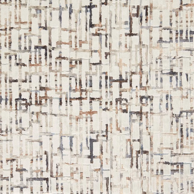 Warm ivory woven fabric with broken taupe, charcoal and blush geometric bars