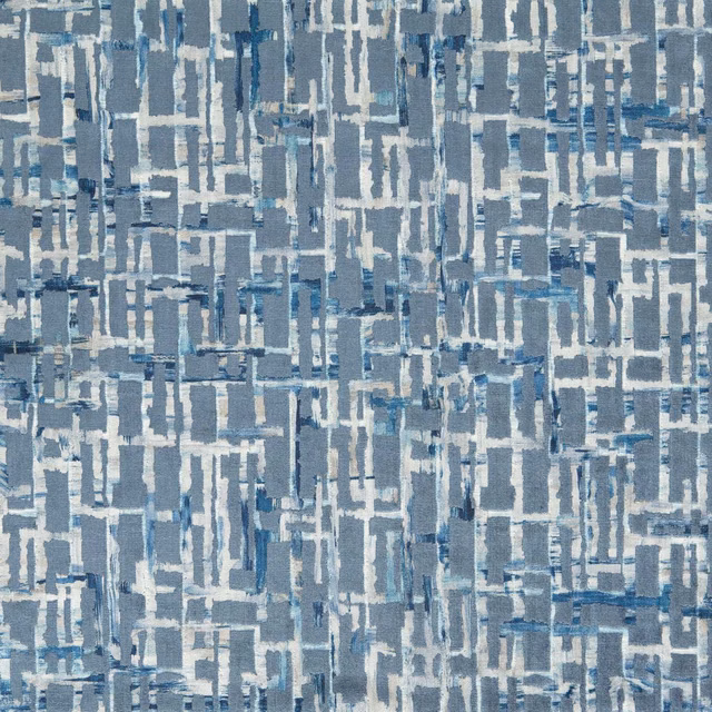 Cool blue-grey woven fabric with broken white and slate rectangular geometric marks