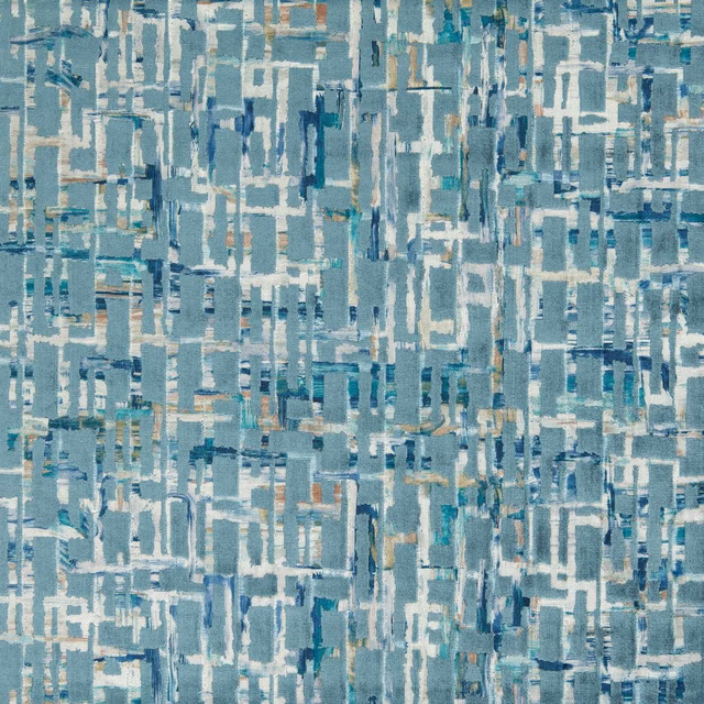 Teal and mineral blue abstract grid fabric with cream and ochre woven marks