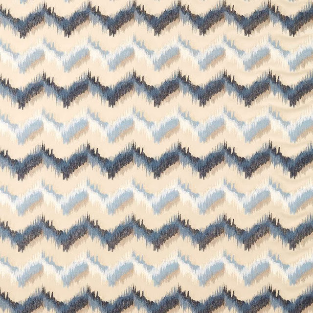 Cream fabric with denim and pale blue fuzzy-edged zigzag bands