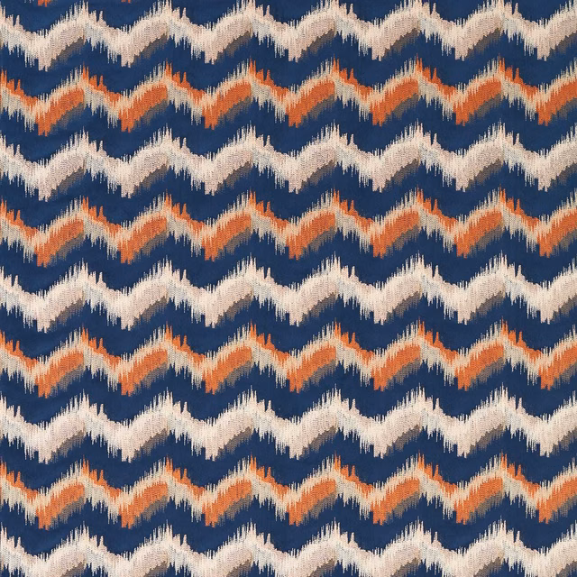 Midnight navy woven fabric with ivory and rust ikat zigzag bands