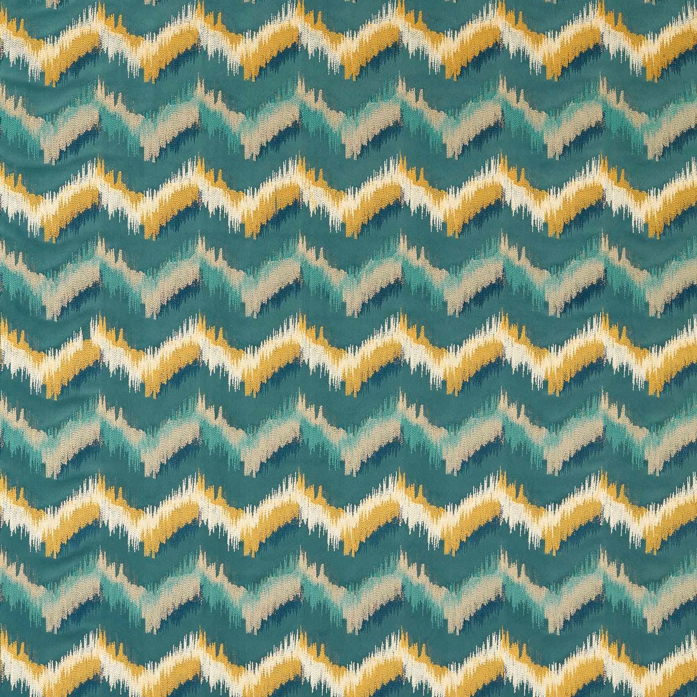 Deep teal woven ground with mustard, cream and mint zigzag ikat bands