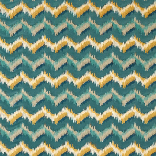 Deep teal woven ground with mustard, cream and mint zigzag ikat bands