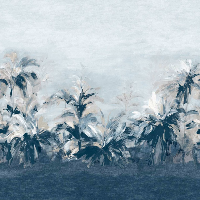 Painterly midnight-blue palms rising through an icy linen-toned wallpaper ground