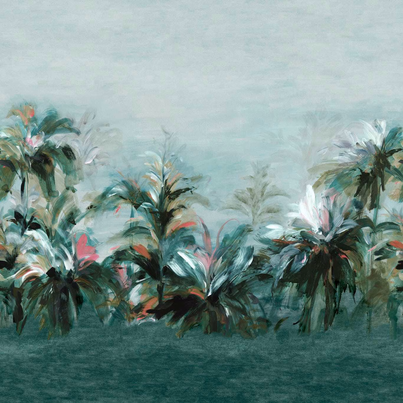 Misty teal palm canopy with fuchsia brushstrokes and pale aqua ground