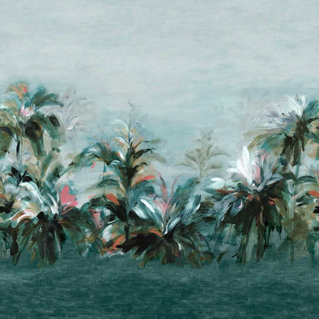 Misty teal palm canopy with fuchsia brushstrokes and pale aqua ground