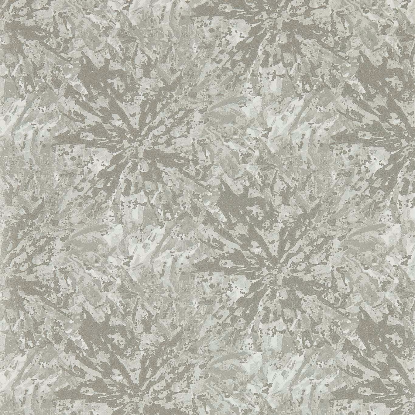 Cool pewter-grey wallpaper with chalky abstract botanical bursts and distressed painterly texture