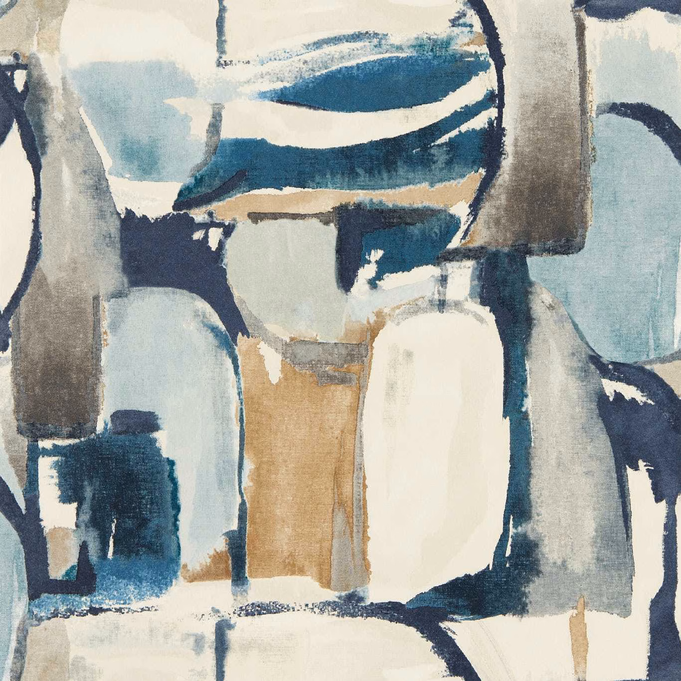 Denim blue and pale aqua abstract blocks with tan brushstrokes on a wallpaper swatch