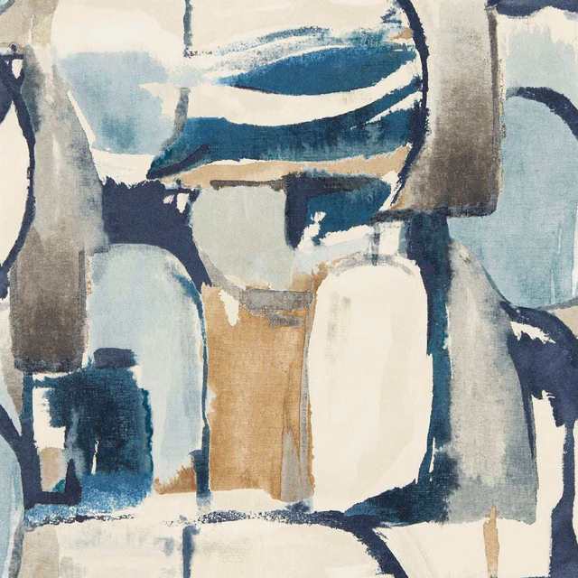 Denim blue and pale aqua abstract blocks with tan brushstrokes on a wallpaper swatch