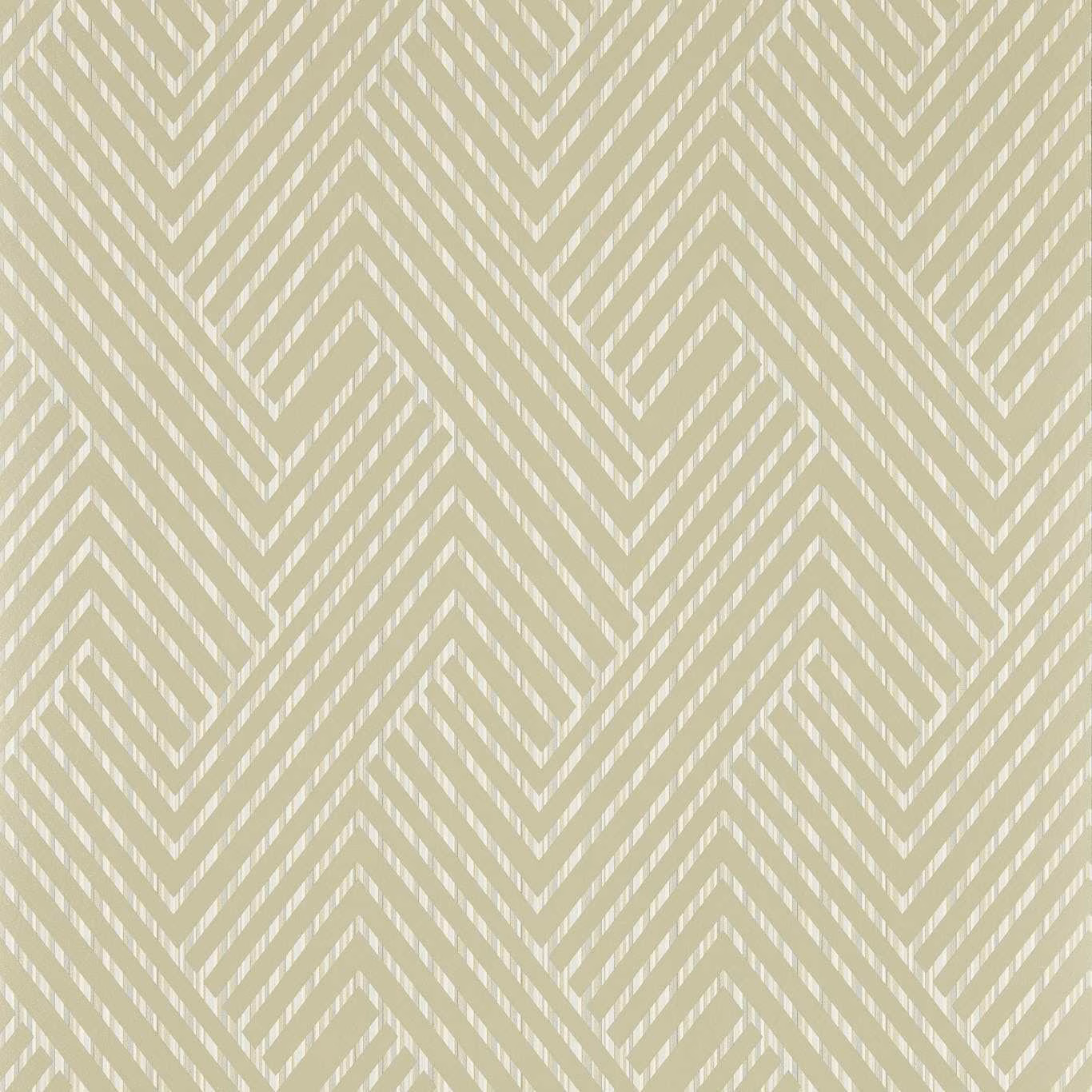 Muted sage-olive wallpaper with cream broken chevrons and angular diamond lines