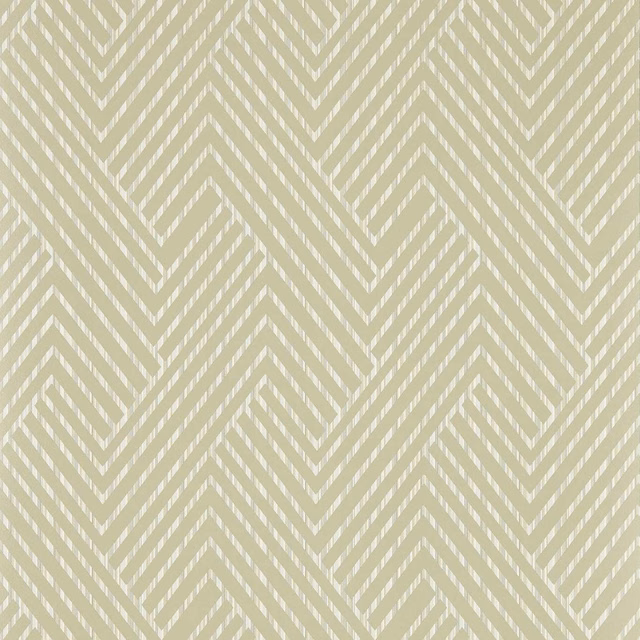 Muted sage-olive wallpaper with cream broken chevrons and angular diamond lines