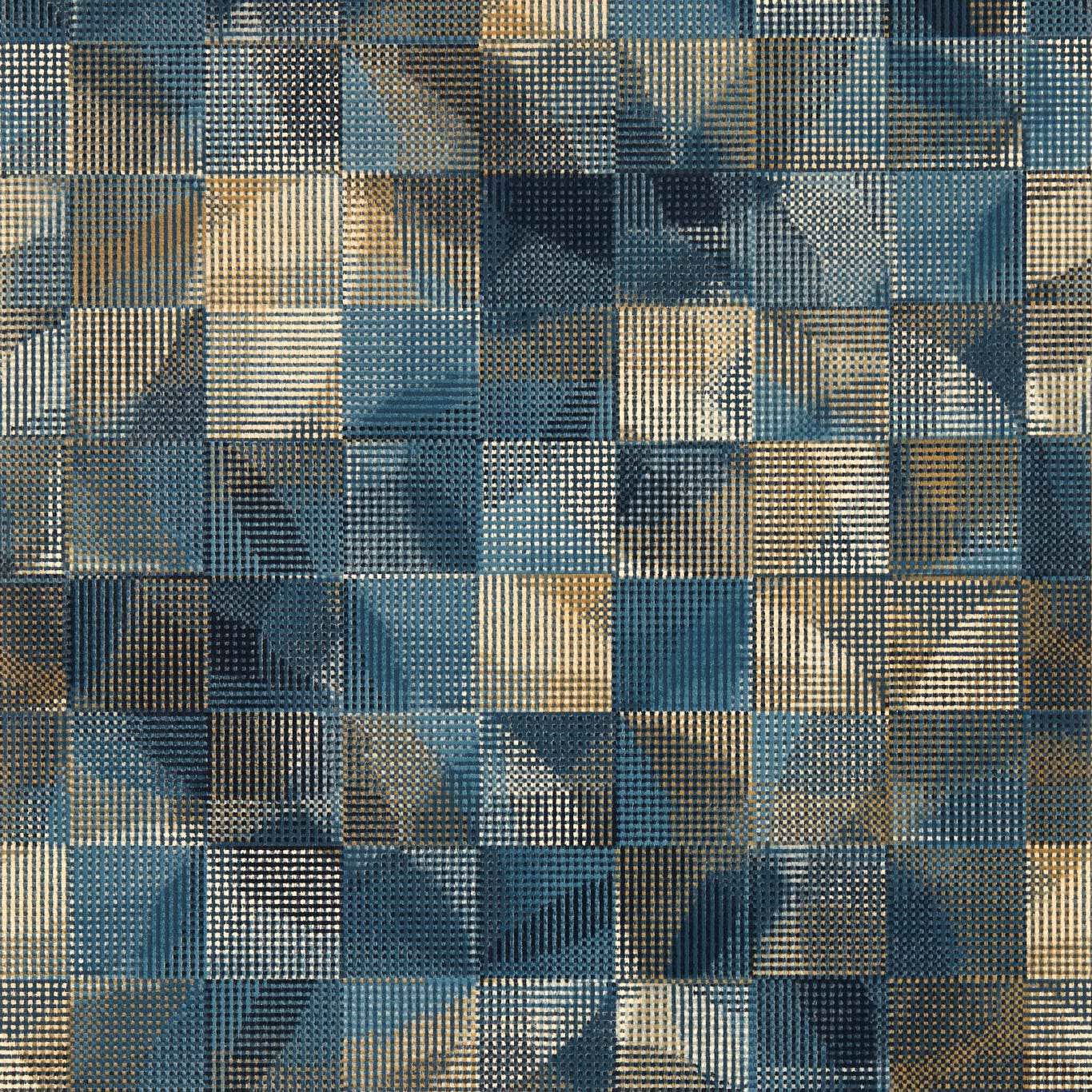 Midnight blue geometric wallpaper with teal, cream and charcoal block details