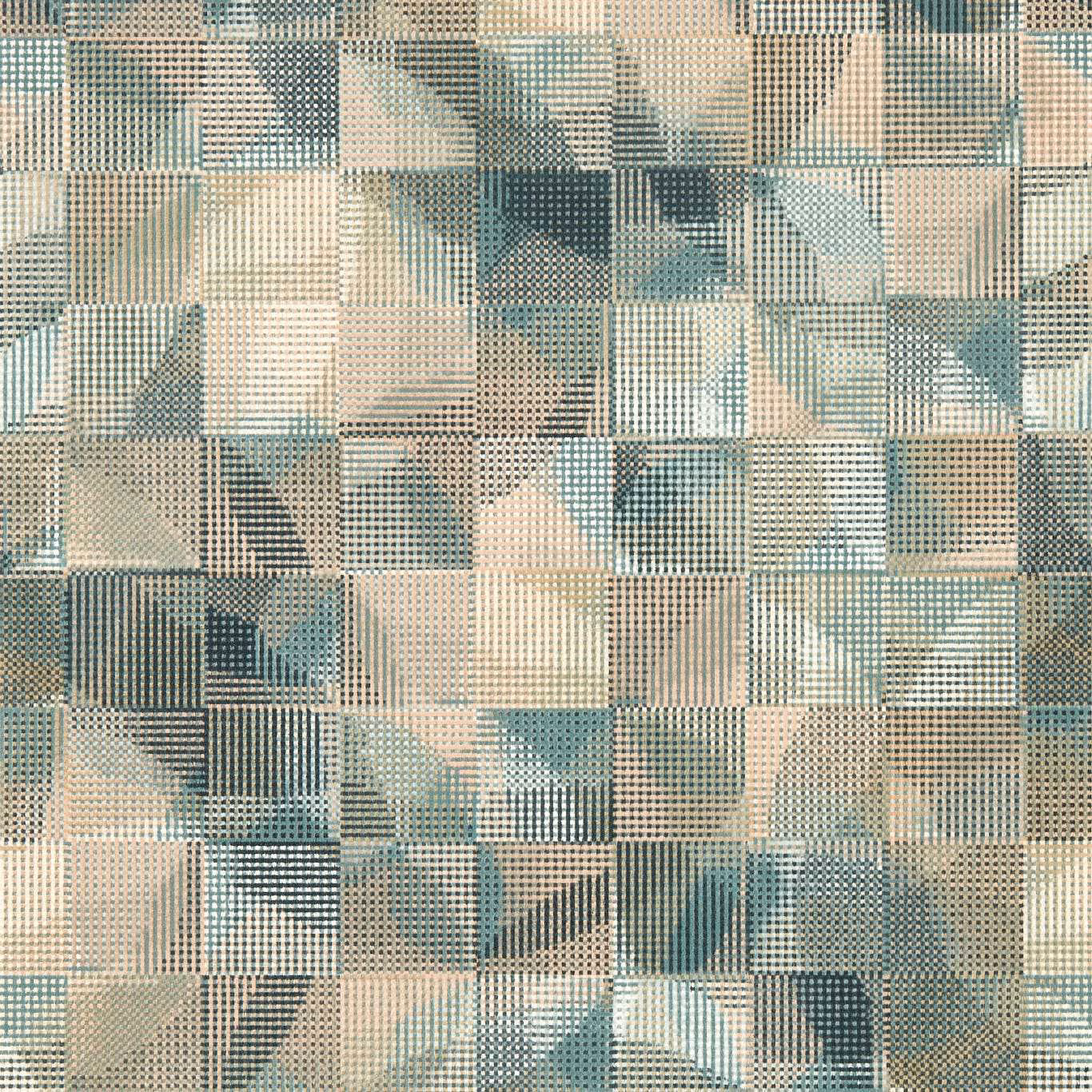 Mineral blue-grey and blush abstract blocks in a fine gridded wallpaper pattern