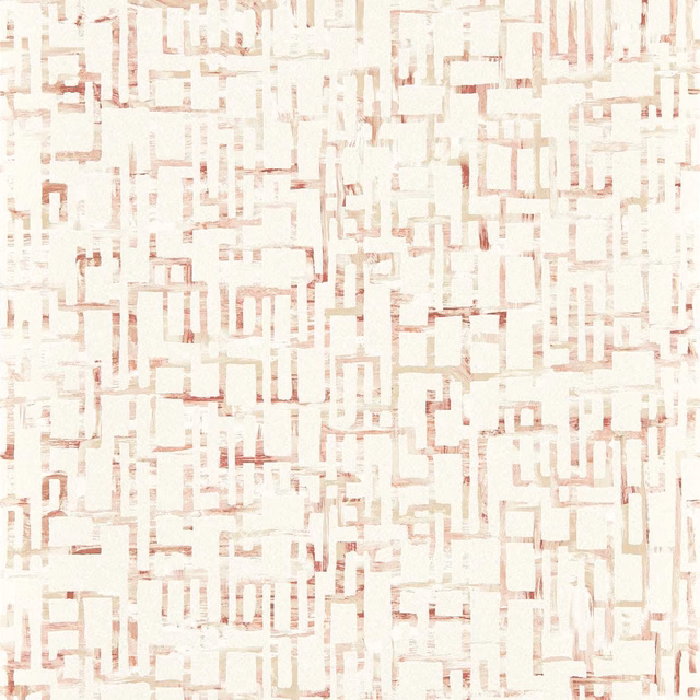 Cream wallpaper with irregular blush-pink geometric lines and broken rectangular motifs