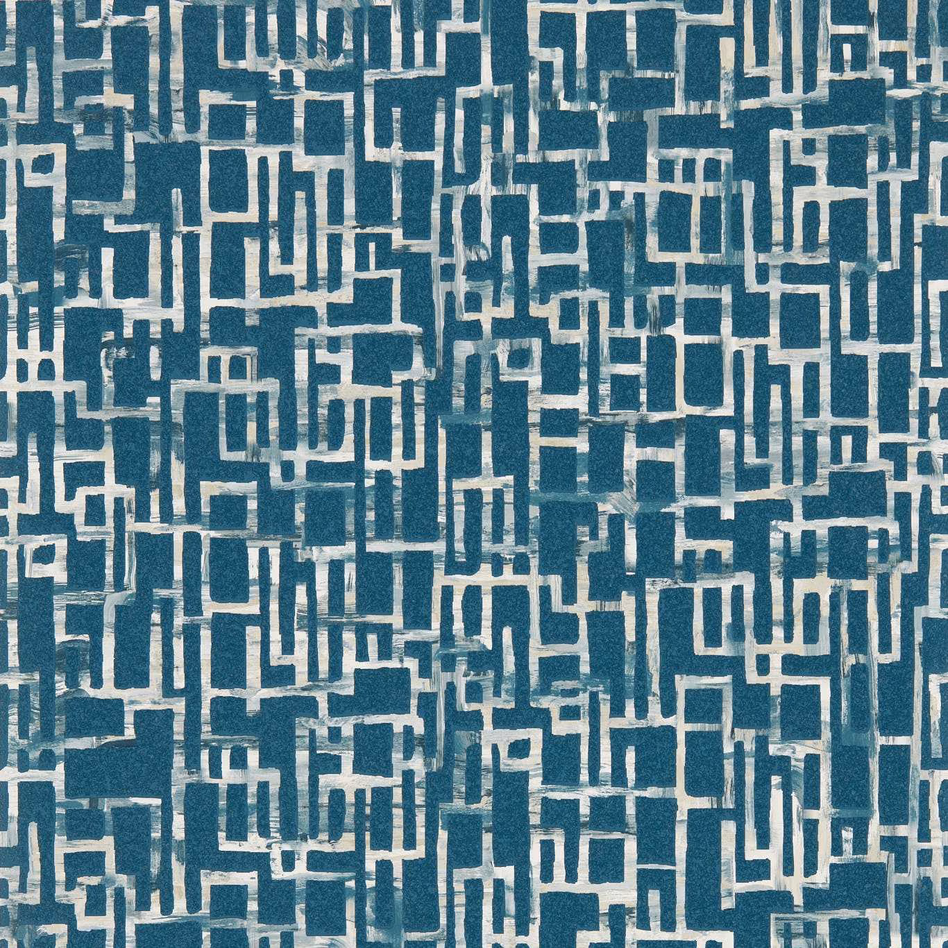 Deep teal-blue wallpaper with ivory interlocking rectangles and a lightly mottled printed texture