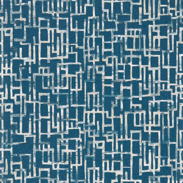 Deep teal-blue wallpaper with ivory interlocking rectangles and a lightly mottled printed texture