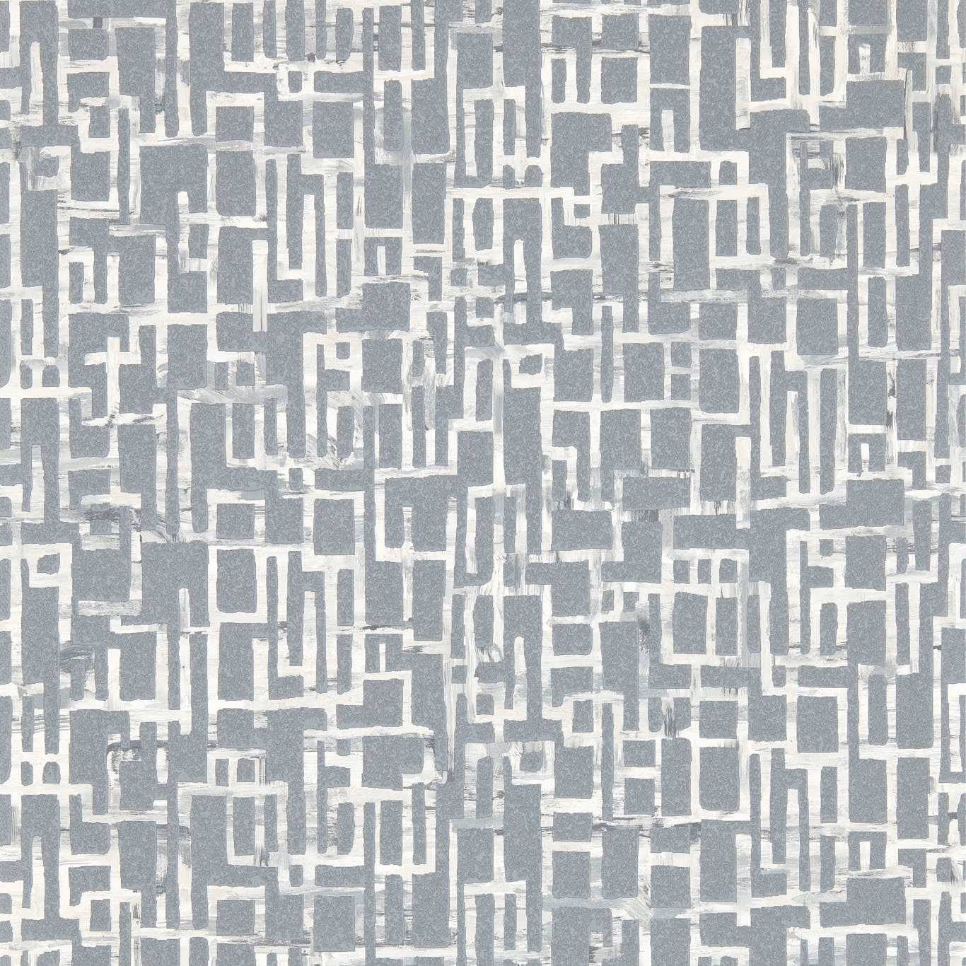 Cool steel-grey wallpaper with interlocking ivory rectangular lines and softly mottled blocks