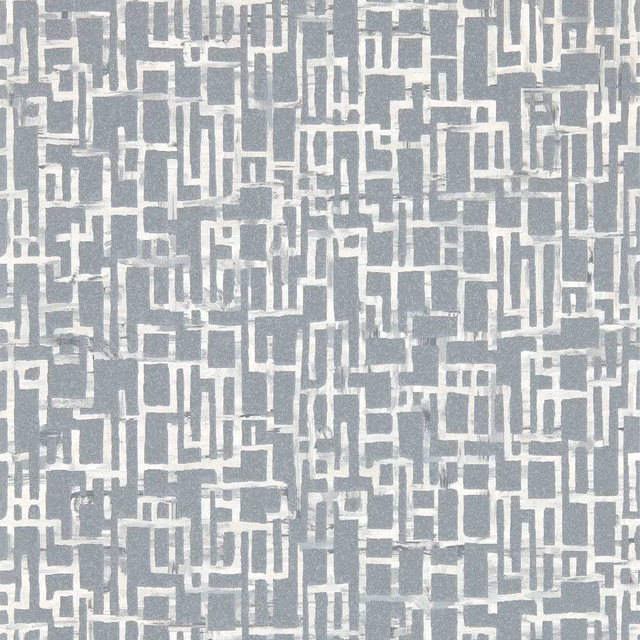 Cool steel-grey wallpaper with interlocking ivory rectangular lines and softly mottled blocks