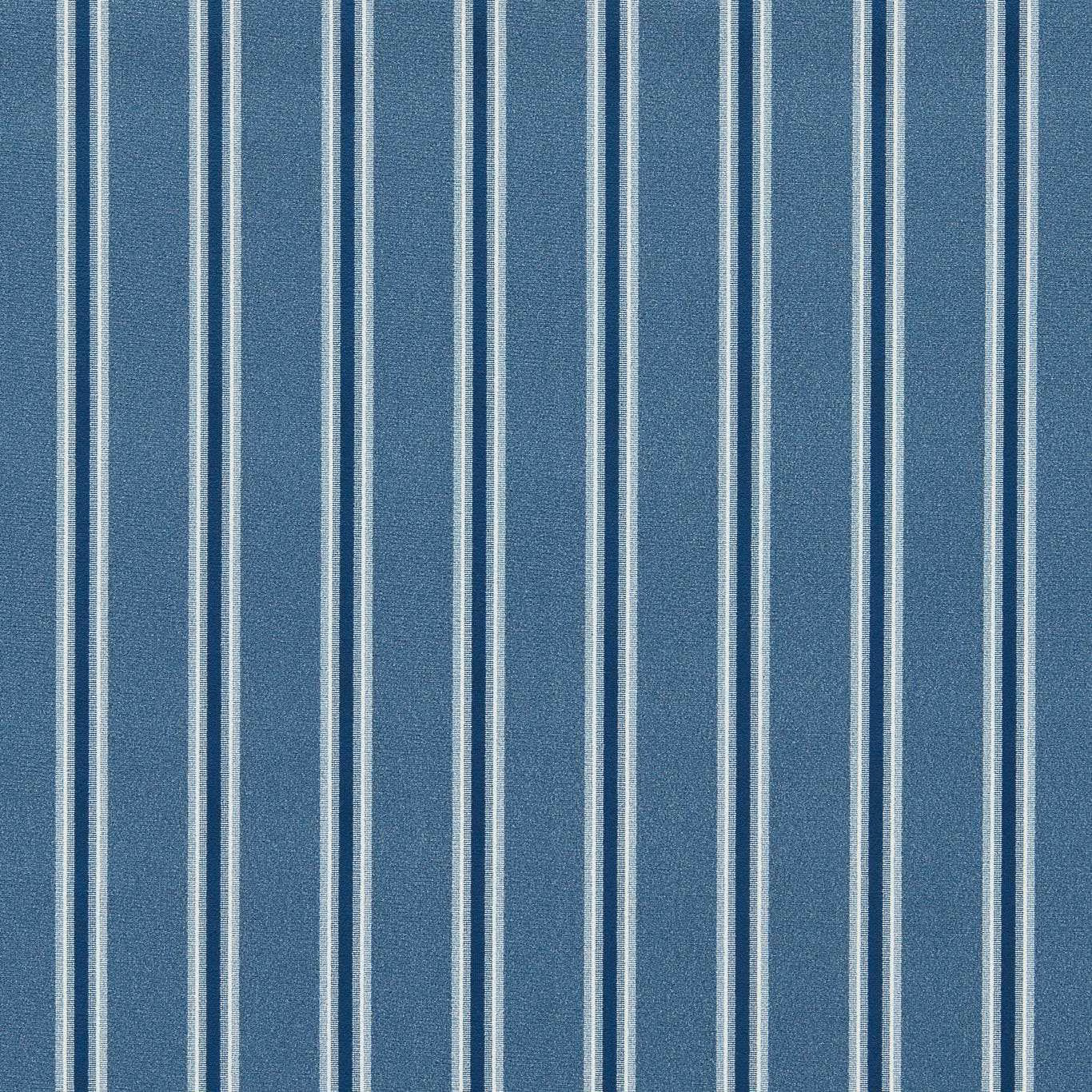 Cool indigo-blue woven fabric with fine pale vertical stripes and subtle texture