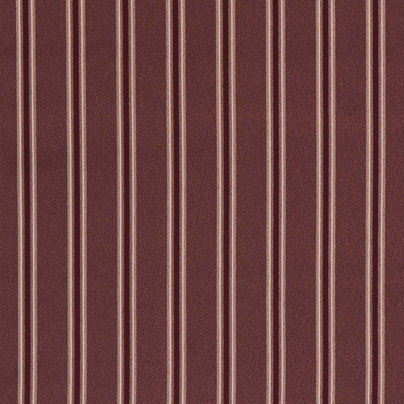 Deep mulberry woven upholstery fabric with slim pale vertical stripes and textured surface