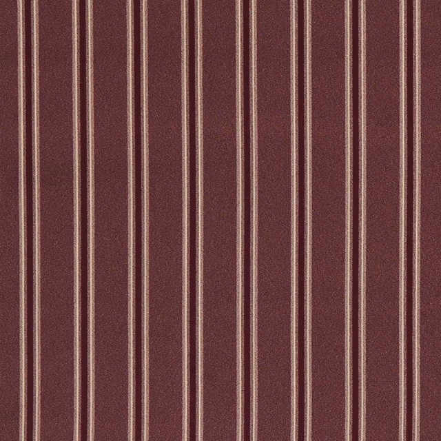 Deep mulberry woven upholstery fabric with slim pale vertical stripes and textured surface
