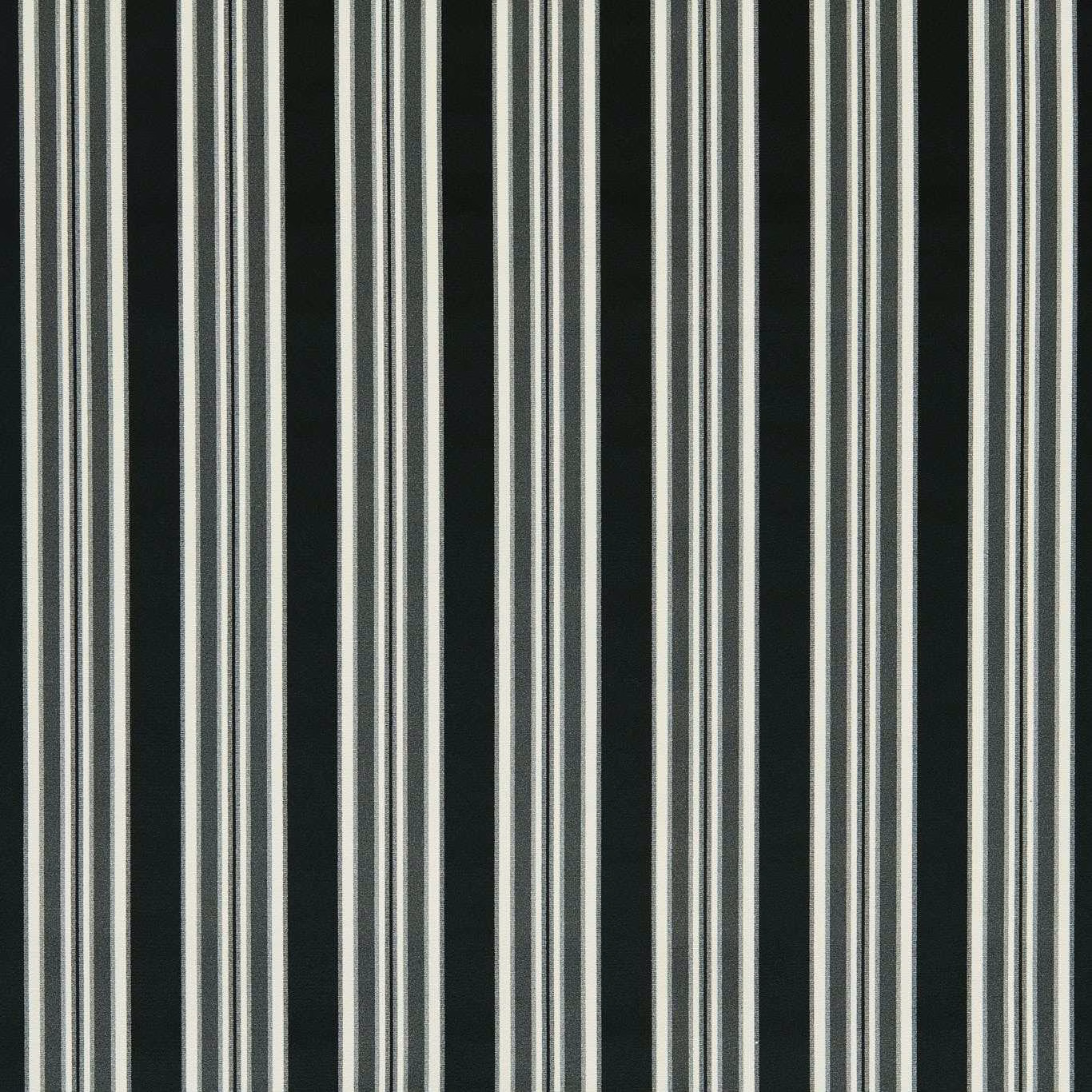 Ebony upholstery fabric with fine ivory-grey vertical stripes and subtle woven texture