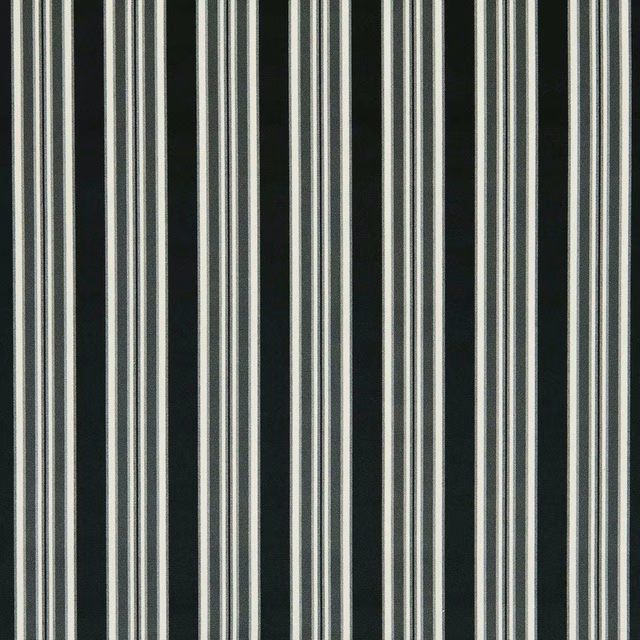 Ebony upholstery fabric with fine ivory-grey vertical stripes and subtle woven texture