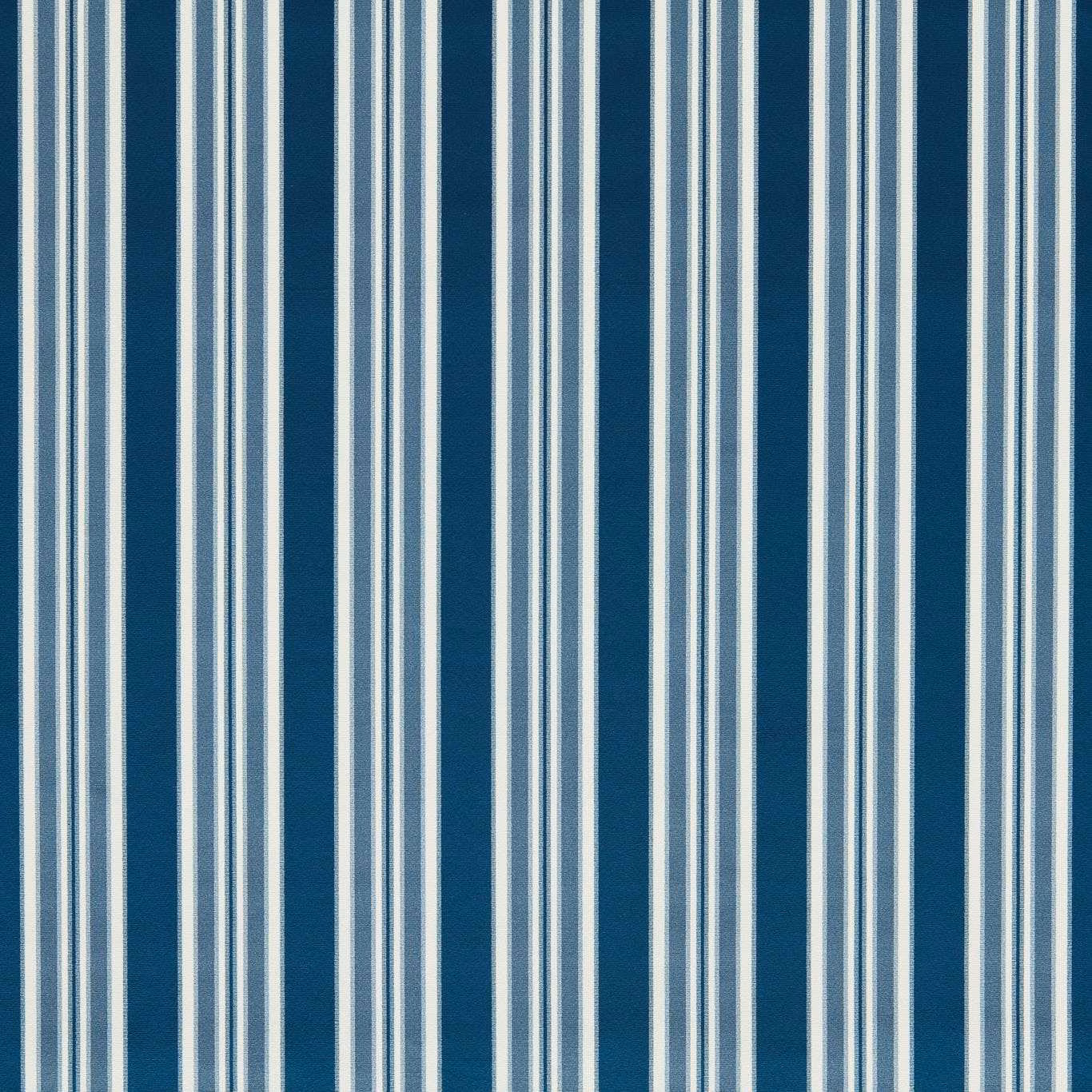 Deep indigo blue woven fabric with pale blue and ivory vertical stripes