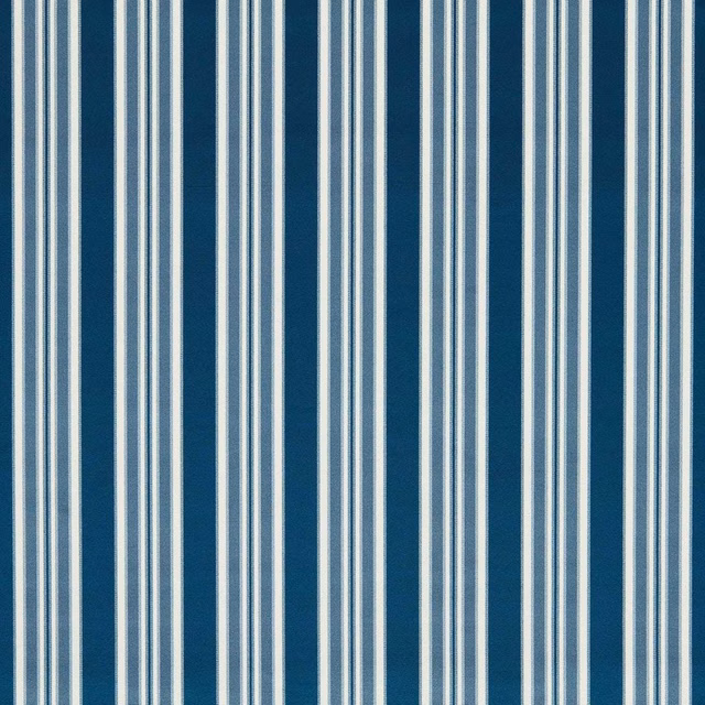 Deep indigo blue woven fabric with pale blue and ivory vertical stripes