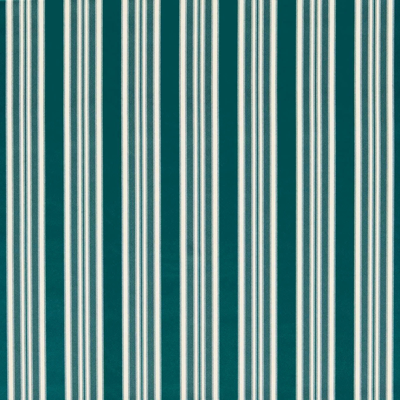 Deep teal upholstery fabric with irregular vertical ivory stripes and subtle woven texture