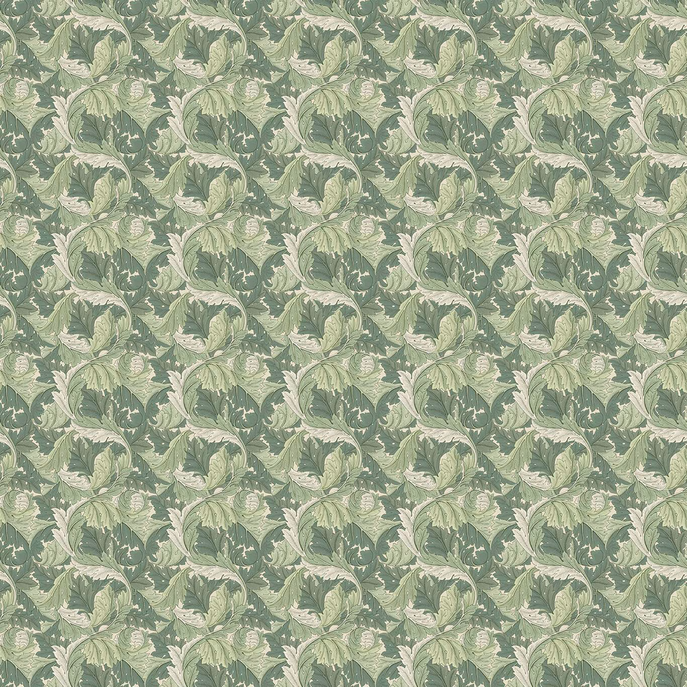 Muted sage and apple acanthus leaves with cream highlights in a dense repeat
