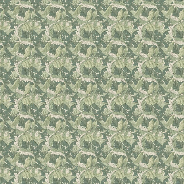 Muted sage and apple acanthus leaves with cream highlights in a dense repeat