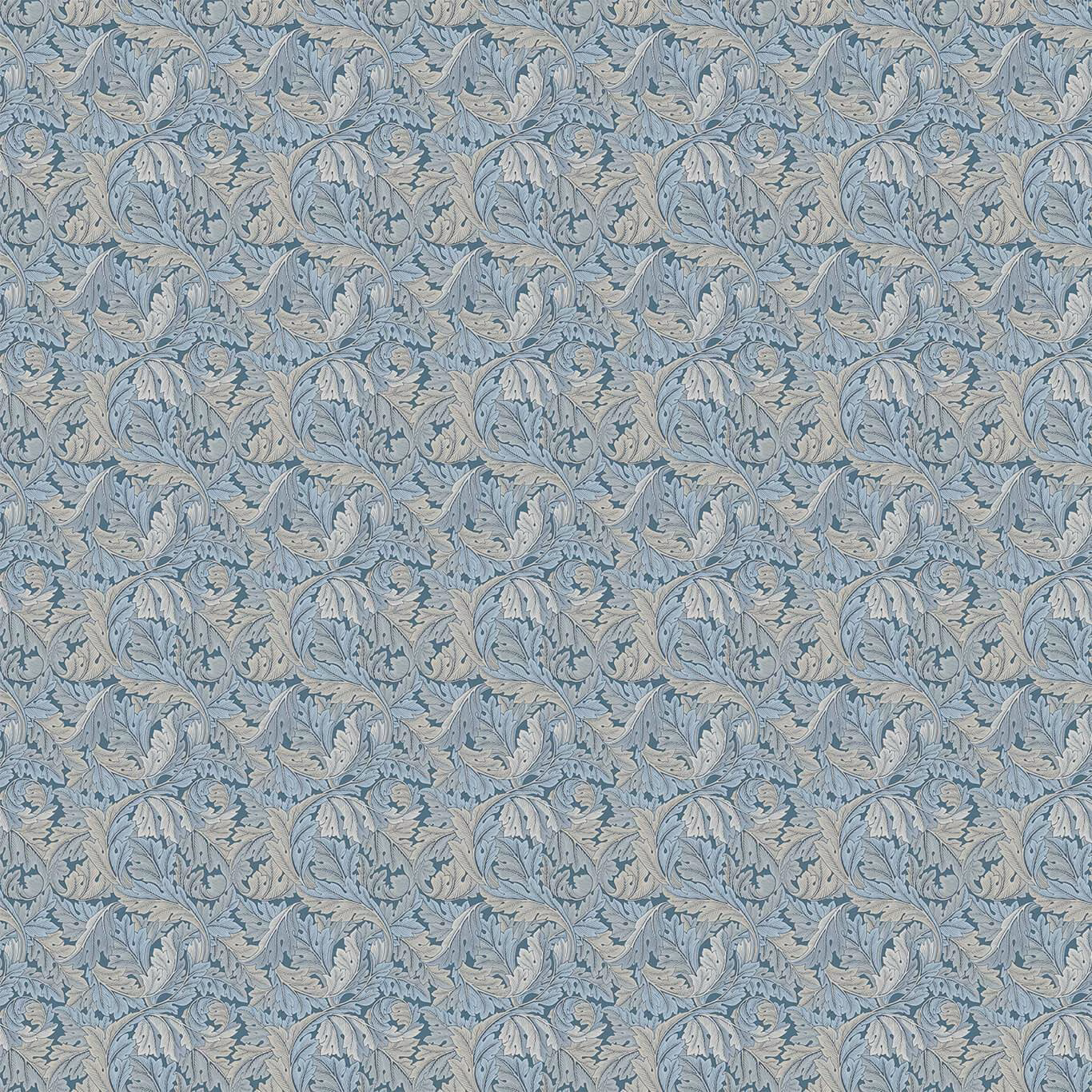 Muted denim blue textile with dense pale acanthus leaves and curling botanical stems